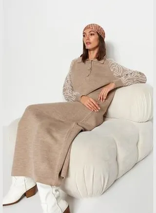 Mink Polo Neck Sleeves Patterned Sweater Dress TCTAW24EB00129