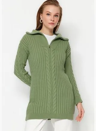 Khaki Thessaloniki Braided Zippered Knitwear Sweater TCTAW23AK00017
