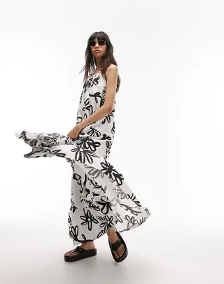Topshop tiered poplin chuck on maxi dress in large daisy