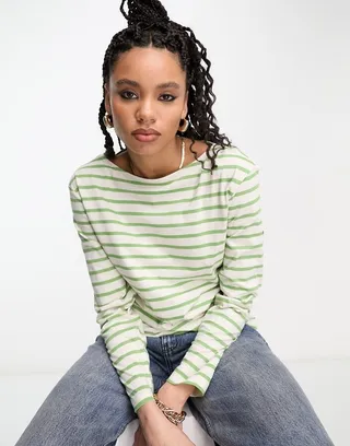 & Other Stories long sleeve top in off white and green stripe