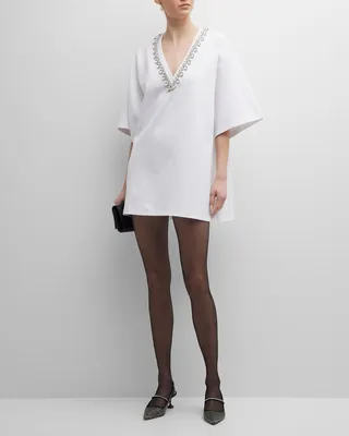 Crystal Embellished V-Neck Mini T-Shirt Dress