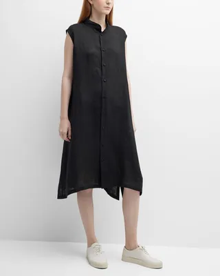 A-line Collarless Sleeveless Linen Shirtdress