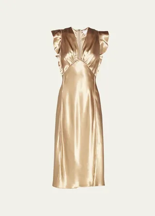 Frill-Trim Satin Midi Dress