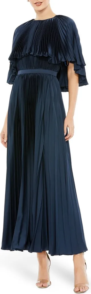 Pleated Capelet Satin Cocktail Dress