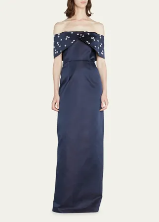 Eveline Off-the-Shoulder Embellished Column Gown