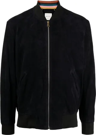 Ribbed-Trim Suede Bomber Jacket