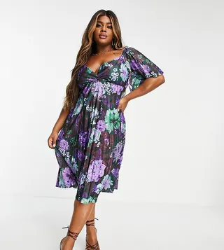 ASOS DESIGN Curve pleated twist back cap sleeve midi dress in purple floral print