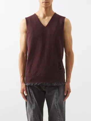 Distressed Contrast-trim Wool Vest