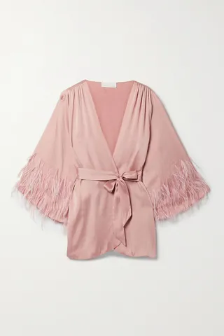 Fleur du Mal - Belted Feather-trimmed Silk-satin Robe - Pink