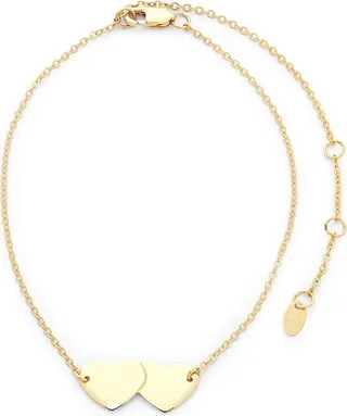 14K Yellow God Double Heart Adjustable Anklet