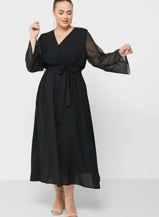 Dobby Flared Sleeve Fit & Flare Dress