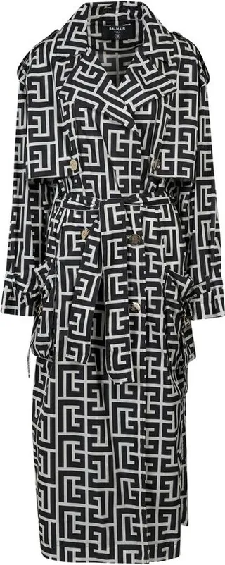 Balmain Monogram Pattern Belted Trench Coat