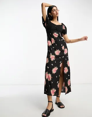 ASOS DESIGN crochet bardot midi dress in dark based floral print