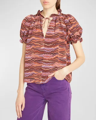 Corine Split-Neck Short-Sleeve Silk Top