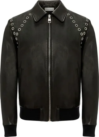Punch-Holes Zip-Up Leather Jacket