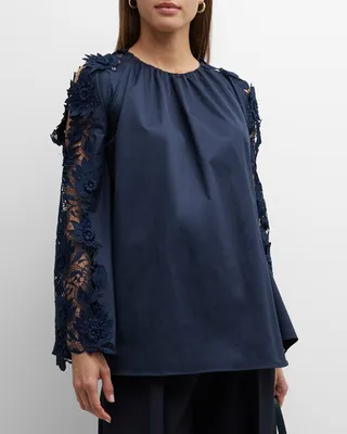 Water Lily Guipure Flare-Sleeve Trapeze Blouse