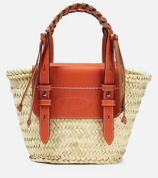 Small leather-trimmed raffia tote bag