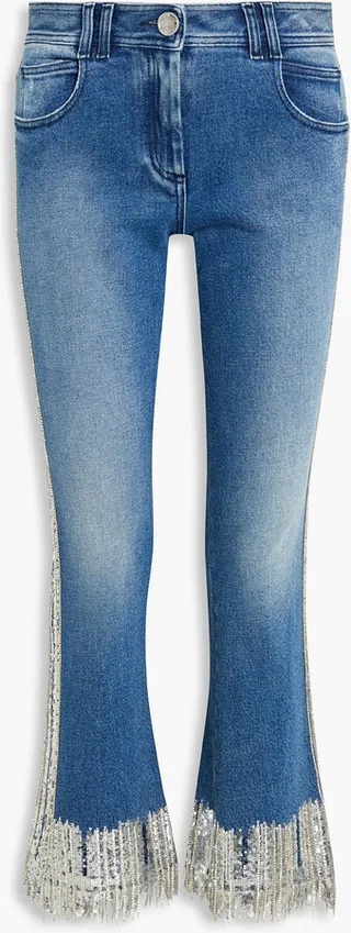 Fringed embellished mid-rise bootcut jeans