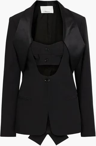 Satin-trimmed cutout wool-blend crepe blazer