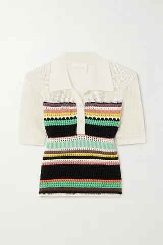 Chloé - Striped Crochet-paneled Wool Polo Shirt - White
