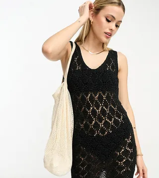 ASOS DESIGN Tall knitted sleeveless mini dress in open stitch in black