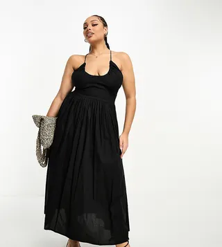 ASOS DESIGN Curve ruched halter midi sundress with cut out in black