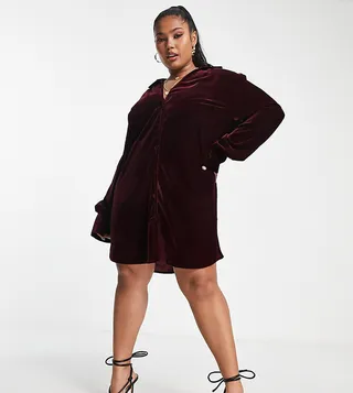 ASOS DESIGN Curve slouchy shirt mini dress in wine velvet