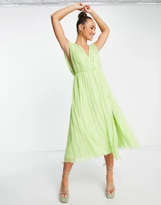 ASOS DESIGN pleated wrap front midi dress in light green