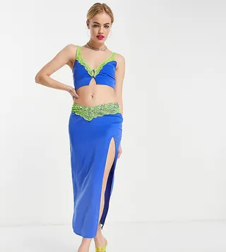 ASYOU contrast lace satin side split midi skirt in blue - part of a set