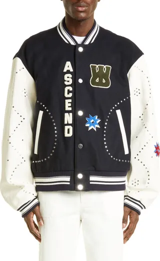 Ascend Leather Sleeve Wool Blend Varsity Jacket