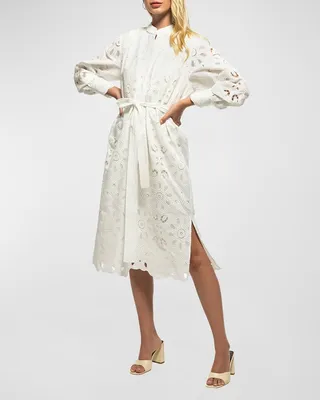 Hollis Blouson-Sleeve Eyelet Midi Dress