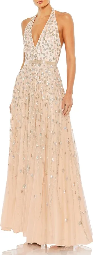 Floral Sequin Plunge Neck A-Line Gown