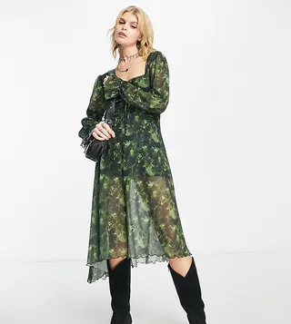 Reclaimed Vintage asymmetric hem maxi dress with puff sleeve in green blurred floral print