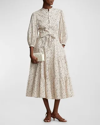 Belted Floral Cotton Tiered Midi Dress
