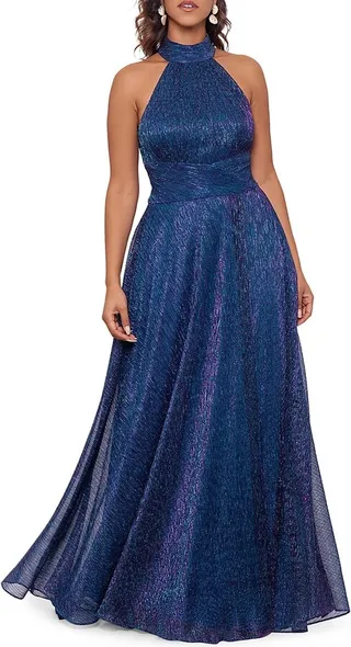 Metallic Crinkle Halterneck Gown