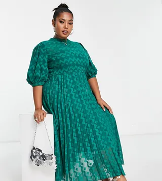 ASOS DESIGN Curve high neck pleated chevron textured midi dress with puff sleeve in forest green