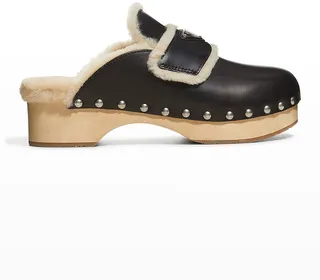 Leather Shearling Logo Mule Clogs