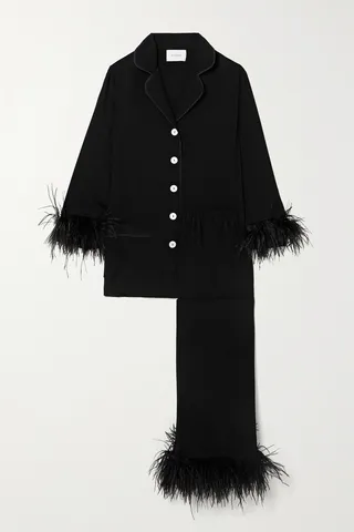 Sleeper - + Net Sustain Feather-trimmed Crepe De Chine Pajama Set - Black