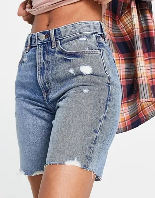 Miss Selfridge longline denim short in midwash blue