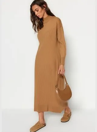 Camel Standing Neck Sweater Dress TCTAW24EB00015