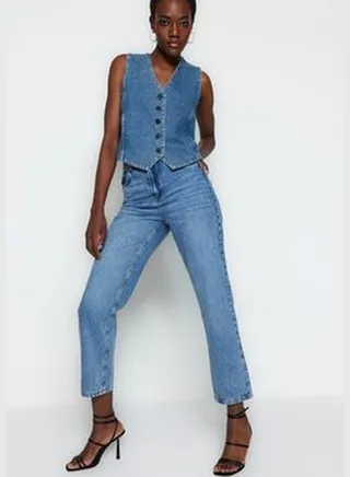 Blue High Waist Straight Jeans TWOSS23JE00089