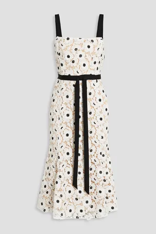 Bow-embellished guipure lace midi dress