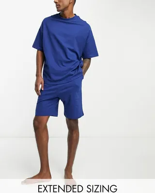 ASOS DESIGN pajama set with oversized t-shirt and shorts in jersey in navy