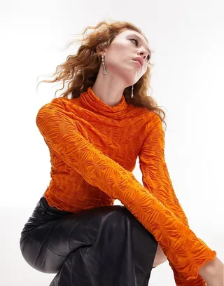 Topshop textured long sleeve high neck top in orange