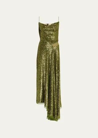 Asymmetric Sequin Gown with Mesh Inset Detail