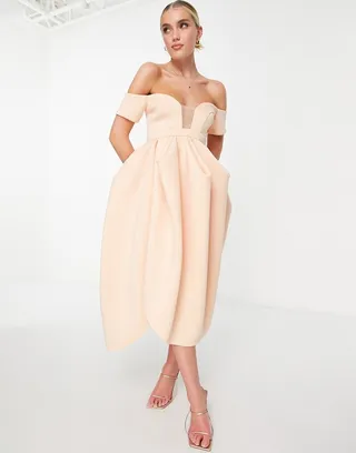 ASOS DESIGN off shoulder mesh insert cocoon midi prom dress in blush