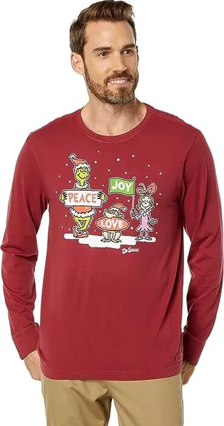 Life is Good Grinch Peace Love Joy Long Sleeve Tee (Cranberry Red) Men's Clothing