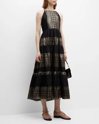 Lace-Up Metallic Jacquard Halter Maxi Dress