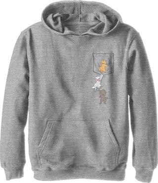 Boy's Aristocats Kittens Climbing Pocket Badge Pull Over Hoodie - Athletic Heather - Large