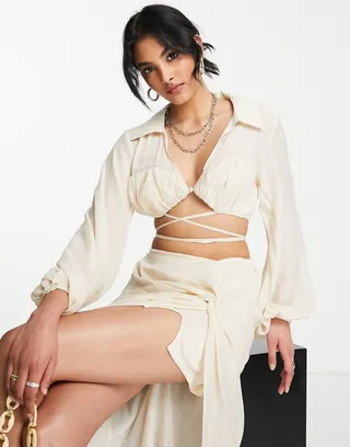 ASOS DESIGN ruched bust soft shirt crop top in beige - part of a set